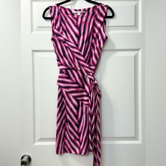 Diane Von Furstenberg Pink Black Stripe Wrap Silk Dress size 6 - Picture 5 of 16